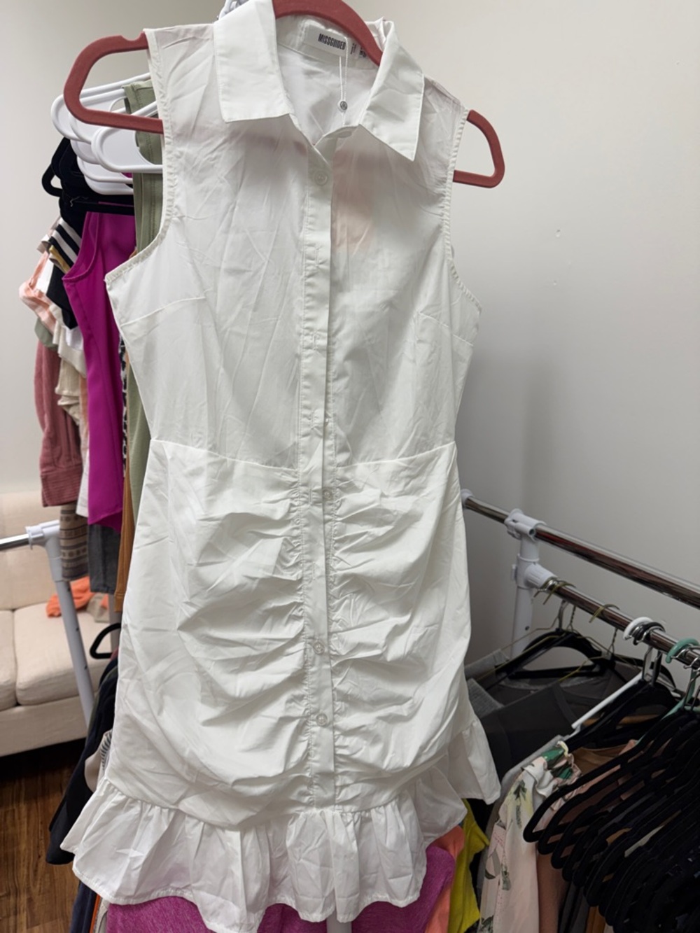Missguided White Sleeveless Ruffle Hem Shirt Dress